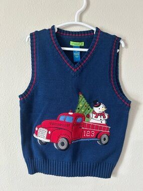 greendog Navy Blue Knit Vest with Red Truck and Snowman